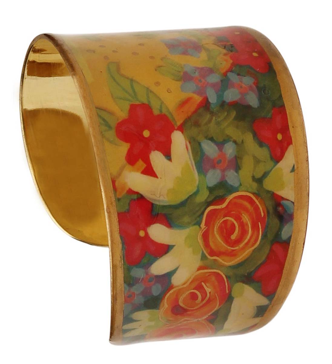 Brass Cuff Bracelet with Floral Pattern - 2.6” Multicolored - Trendy Accessories / Gifts for Her - Buy in Bulk Wholesale